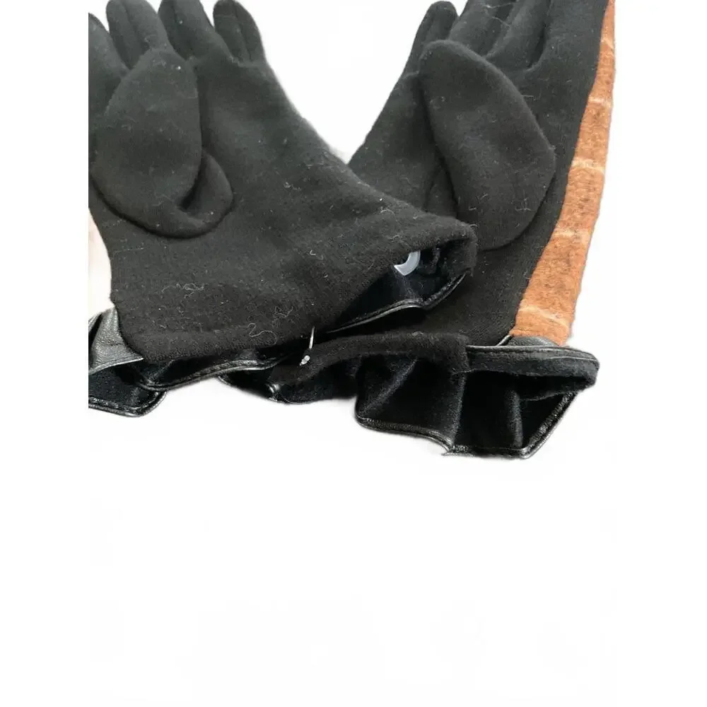 Cozy Brown Plaid Gloves with Black Trim and Button Detail